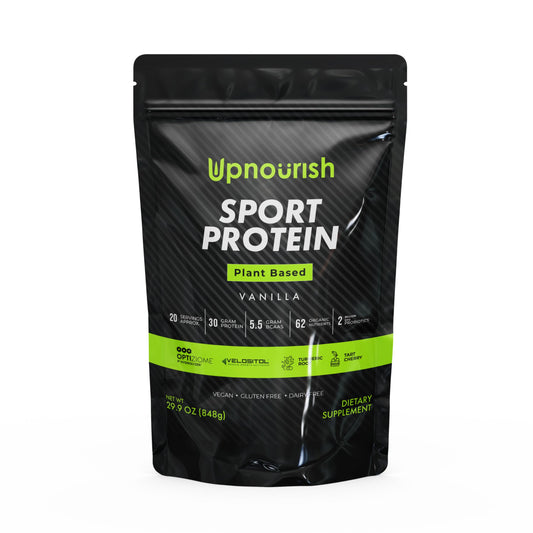 UpNourish proteína vegana en bote para recuperación después del entrenamiento.