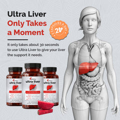 UpWellness Ultra Liver frasco en mesa junto a comida para uso diario seguro