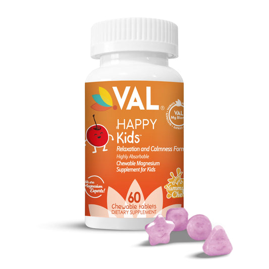 VAL Magnesio para Niños, frasco de pastillas sabor cereza, ideal para la rutina diaria.