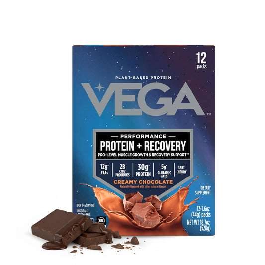Vega empaque frontal chocolate mostrando la marca y beneficio recuperación