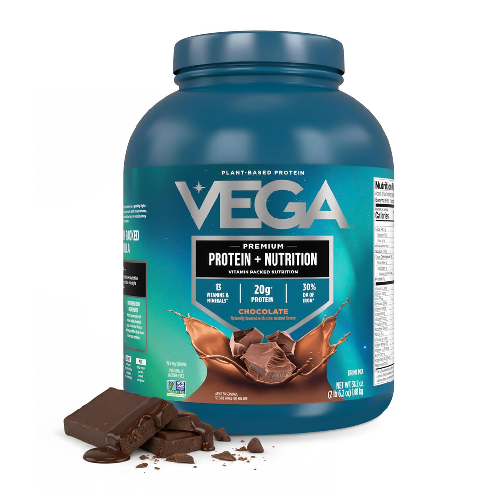 Vega envase frontal sabor chocolate mostrando beneficio nutricional