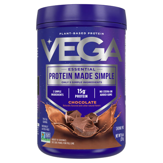 Vega Protein Made Simple chocolate tub ready for quick, creamy shakes