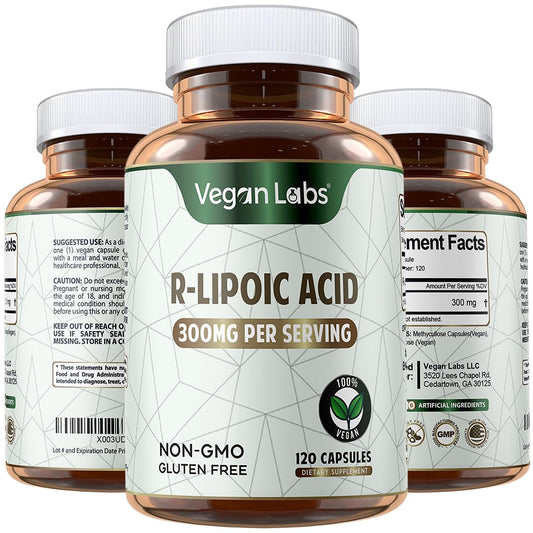 Vegan Labs R-Lipoic Acid 300MG bottle highlighting high-purity supplement for cellular energy.
