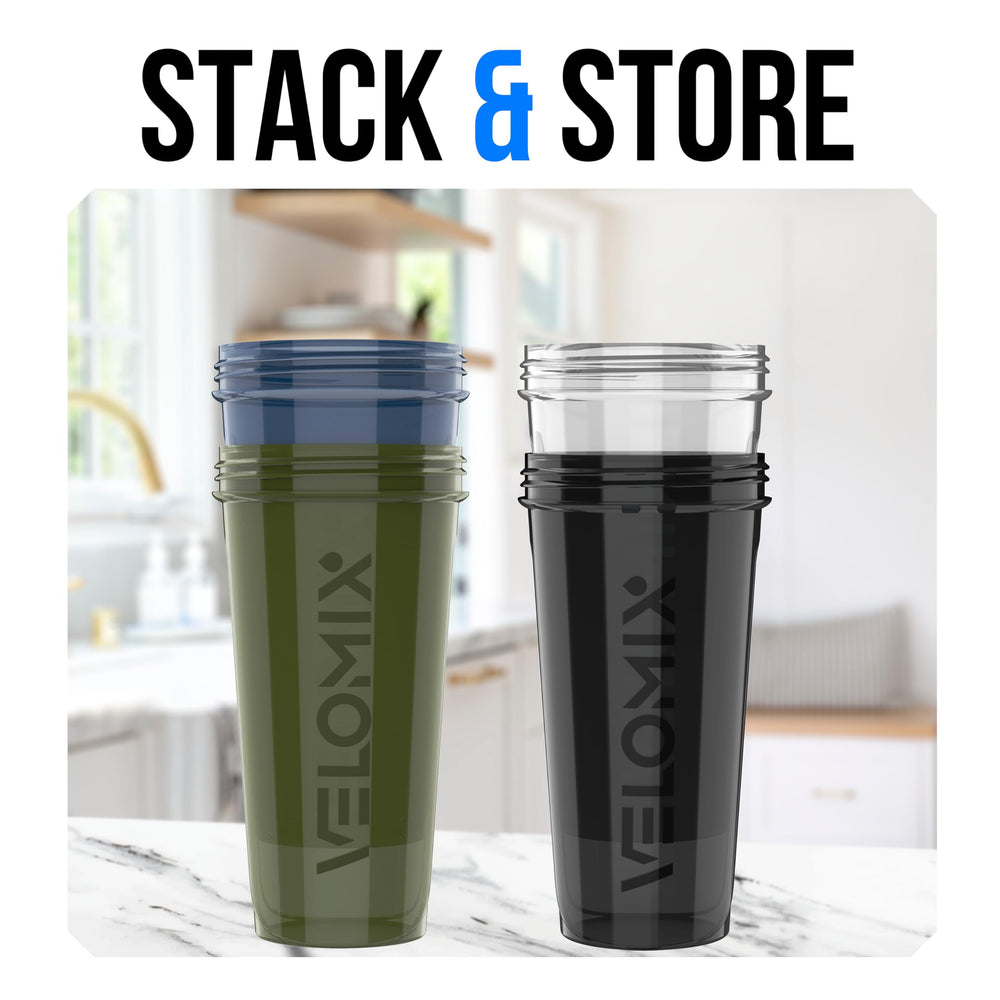 VELOMIX comparación de tamaño 28 oz mostrando ajuste en portavasos de coche