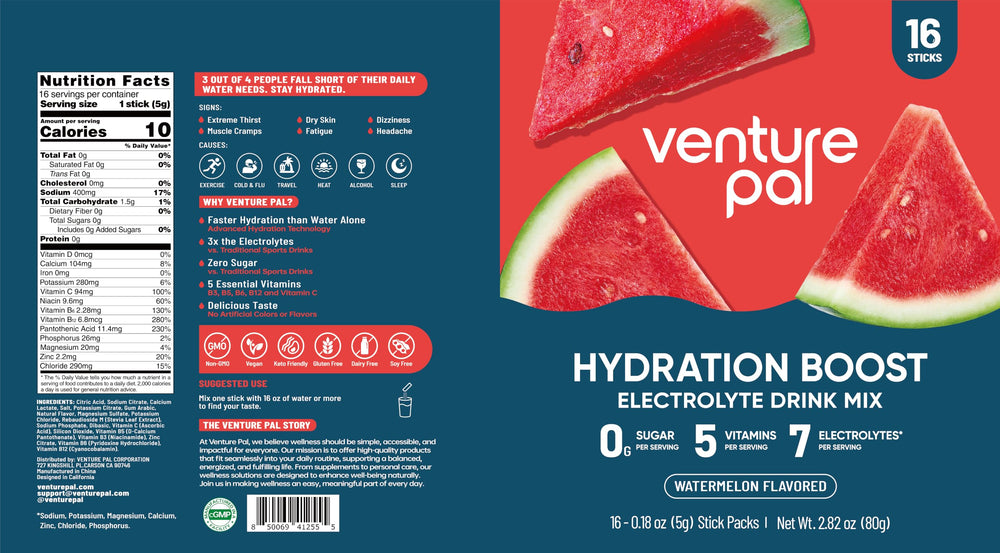 Venture Pal presentación en mesa con frutas que comunica sabor natural