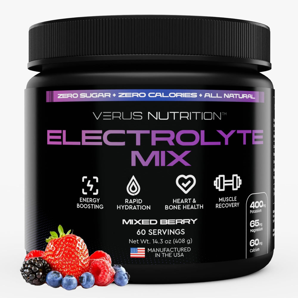 VERUS NUTRITION envase frontal mostrando sabor Mixed Berry y porciones