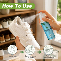 Vetuslumen spray aplicado dentro de una zapatilla deportiva, neutraliza olores persistentes