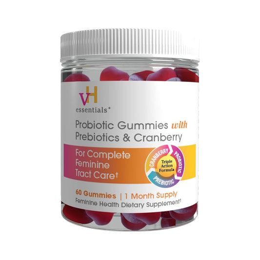 vH essentials frasco frontal mostrando 60 gomitas y conveniencia