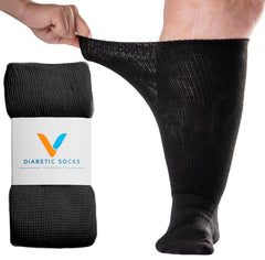 Viasox empaque frontal mostrando calcetines negros y beneficio de ajuste suelto