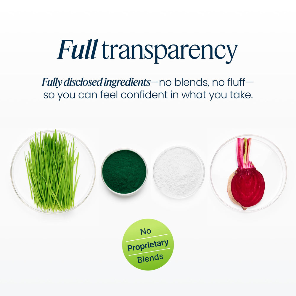 Vibrant Health comparación de tamaño del envase y cuchara para referencia