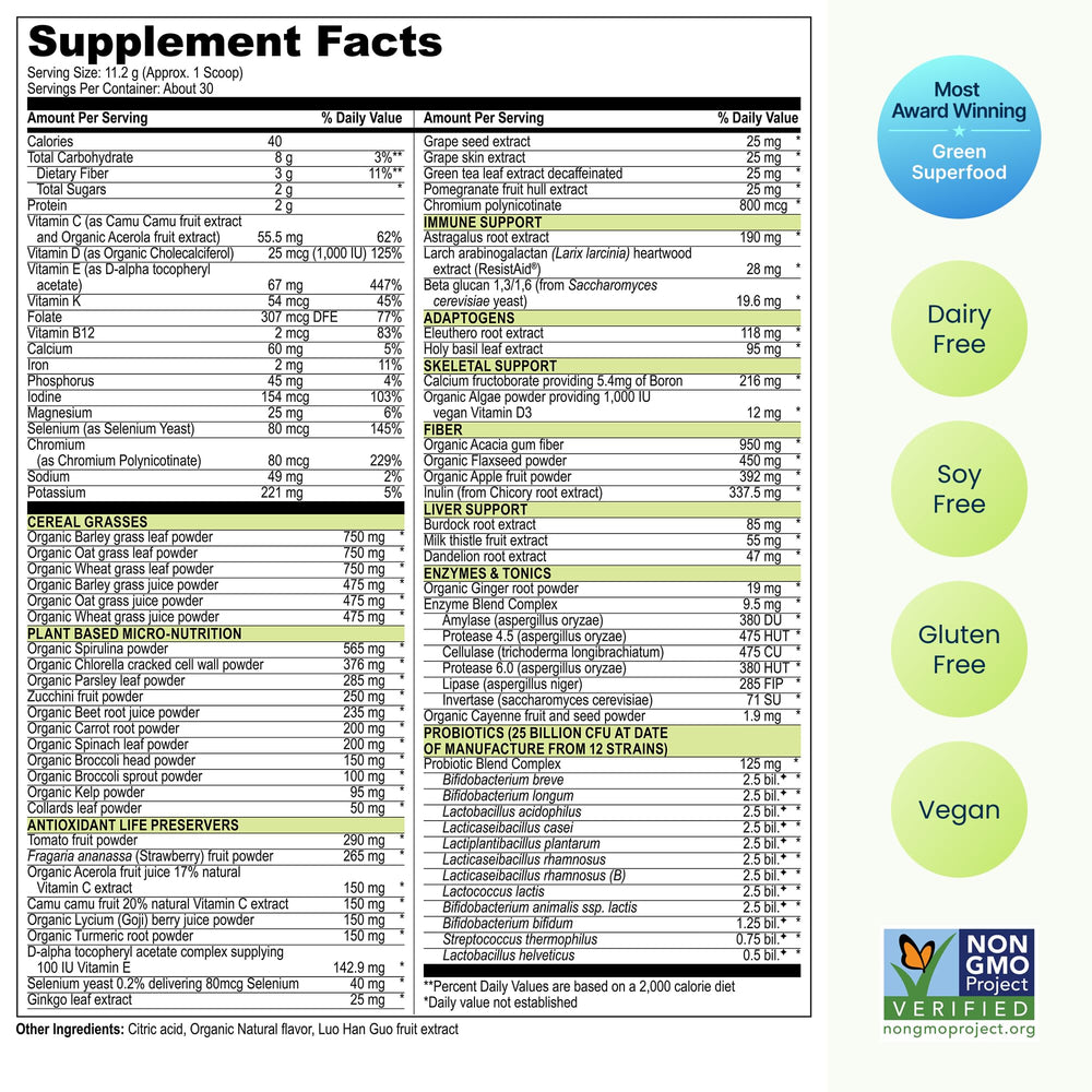 Vibrant Health ingredientes naturales: espirulina, camu camu y bayas