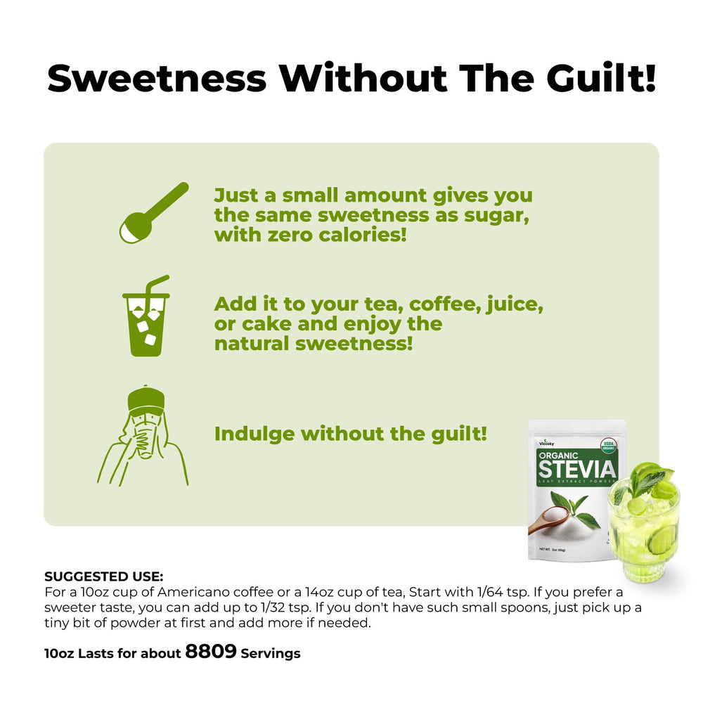 Viccoky Stevia en polvo, cuchara de medición para endulzar sin calorías.