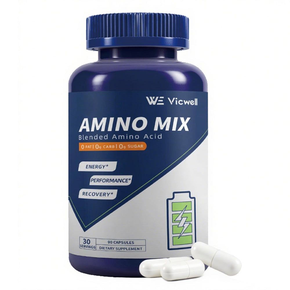 Vicwell Aminoácido envase con cápsulas para uso diario y apoyo muscular.