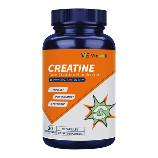 Vicwell Creatine Monohydrate capsules in bottle front view for energy support during workouts