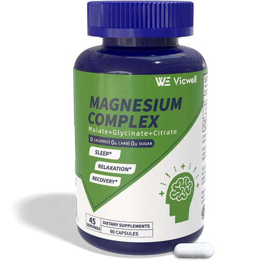 Vicwell complejo triple de magnesio, cápsulas en bote, apoyo diario para relajación muscular.