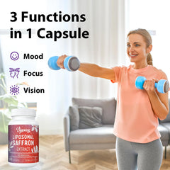 Vigorizar Azafrán frasco vegano, etiqueta clara, equilibrio emocional diario.