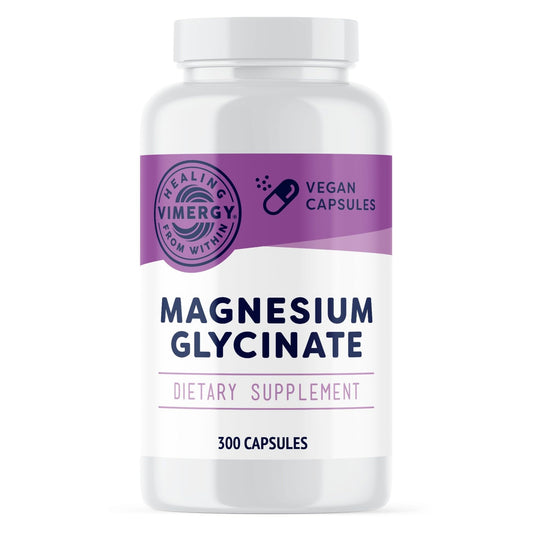 Vimergy envase frontal de Magnesium Glycinate mostrando 300 cápsulas y beneficios veganos