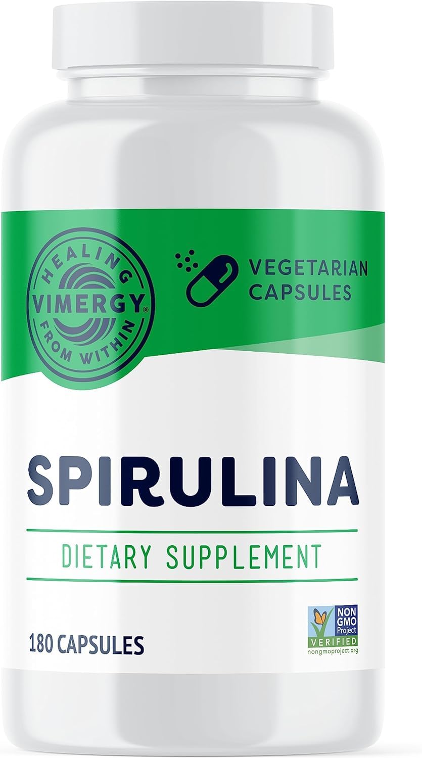 Vimergy spirulina vista frontal del envase mostrando 180 cápsulas y etiquetado limpio