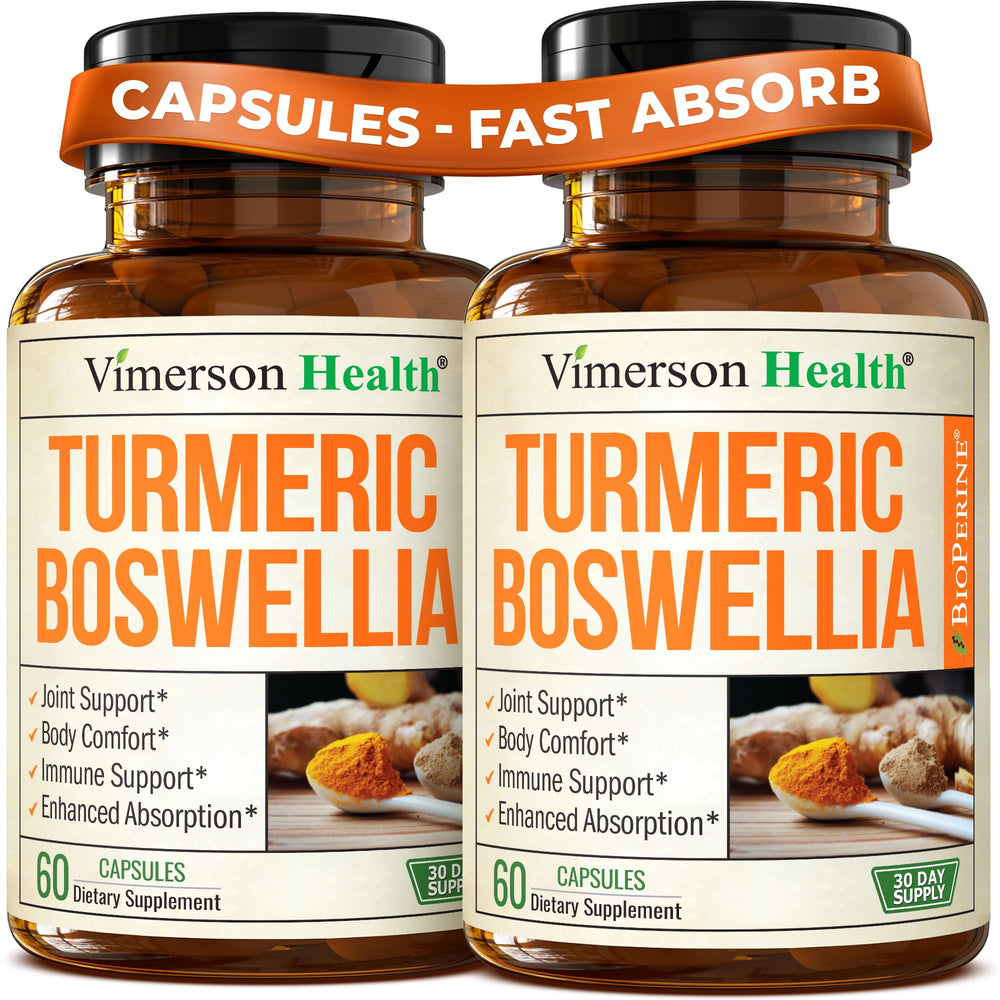 Vimerson Health frasco frontal que muestra la mezcla de Boswellia y cúrcuma, confianza en el etiquetado