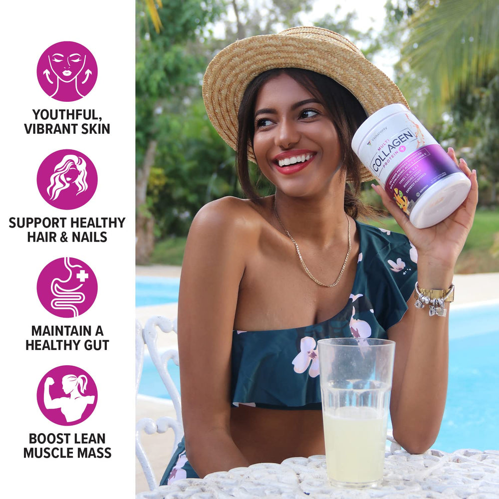 Mezcla fácil en agua con Vitauthority Multi Collagen sabor tropical.