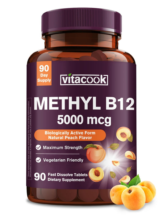 Vitacook B12 peach bottle closeup showing vegan, sugar-free energy support.