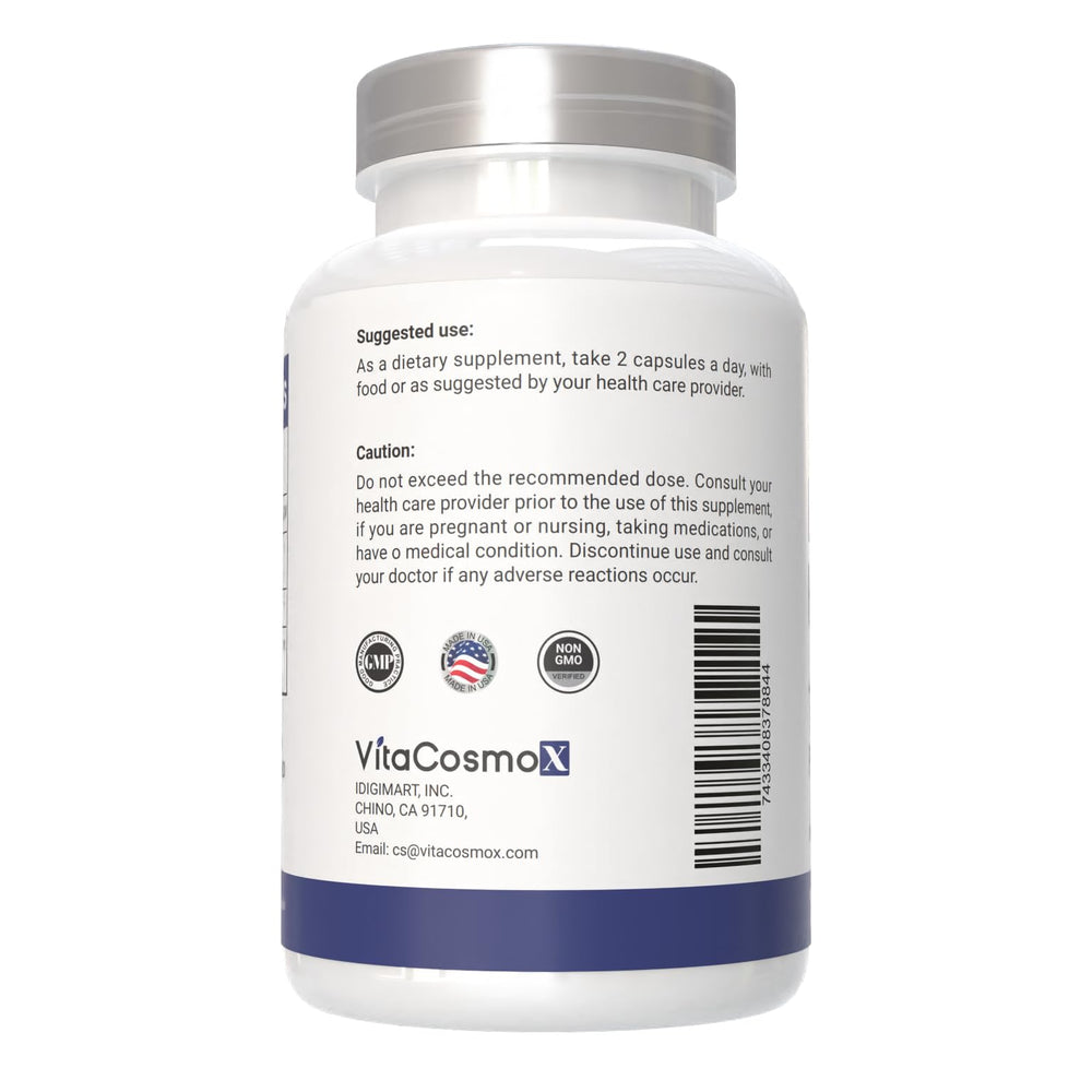 VitaCosmoX etiqueta con ingredientes y certificación GMP visible