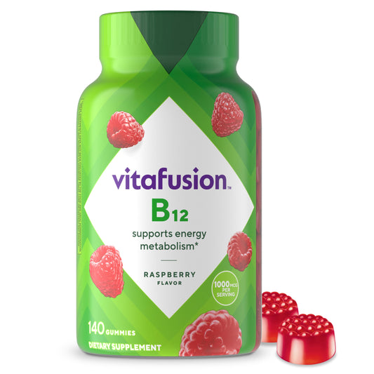Vitafusion B12 gominolas, botella frambuesa: sabor delicioso para apoyar energía diaria.