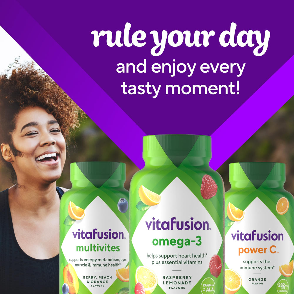 Vitafusion en mesa de desayuno mostrando integración en rutina diaria saludable