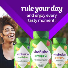 Vitafusion en mesa de desayuno mostrando integración en rutina diaria saludable