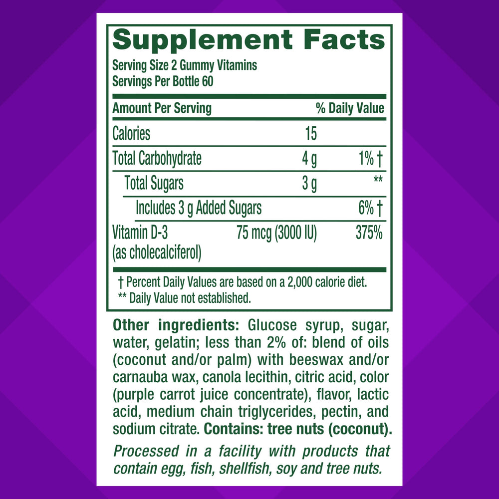 vitafusion etiqueta nutricional destacando 75 mcg (3000 IU) por porción