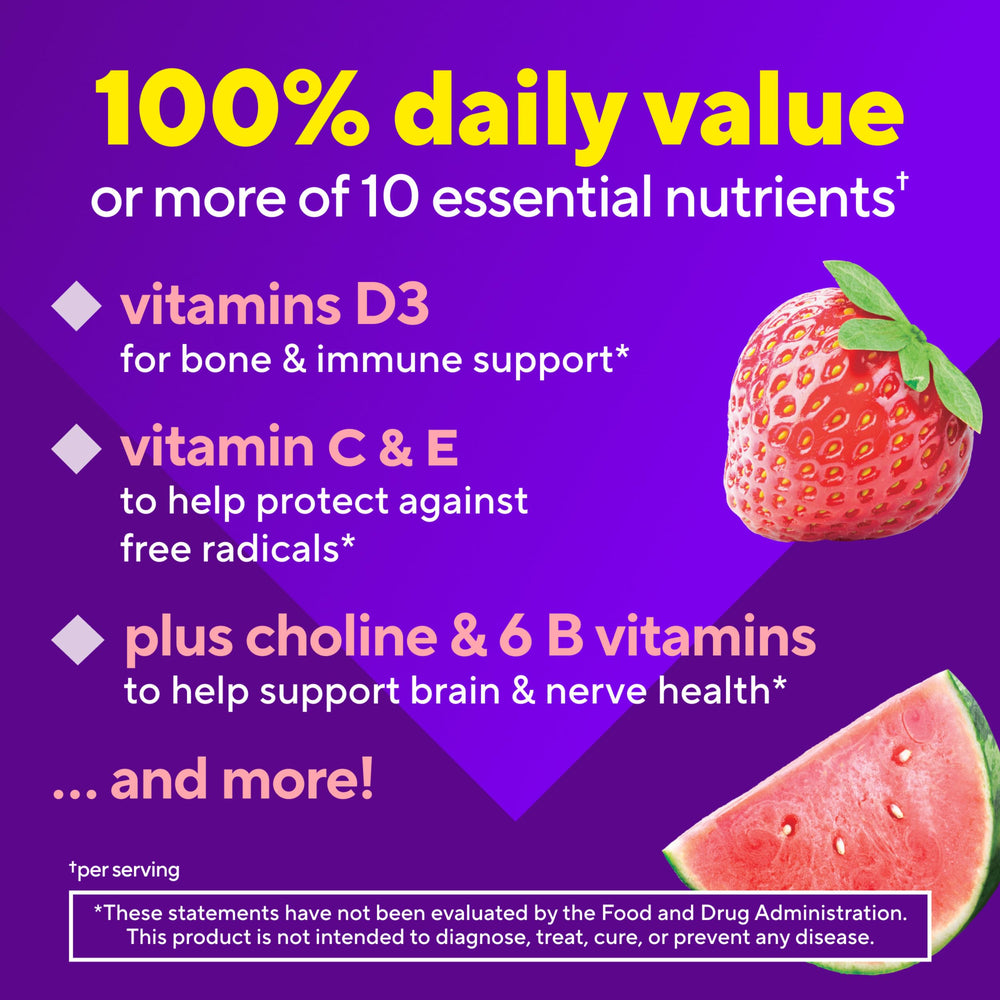 Vitafusion etiqueta nutricional destacando 14 nutrientes clave