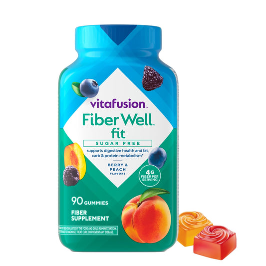 Vitafusion Fiber Well Fit bottle label highlights 5 g fiber per serving for regularity.