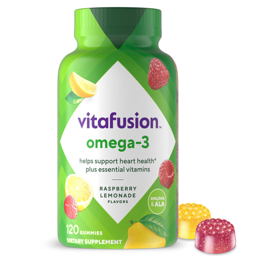 Vitafusion Omega-3 gomitas en frasco de 120, fácil consumo diario.