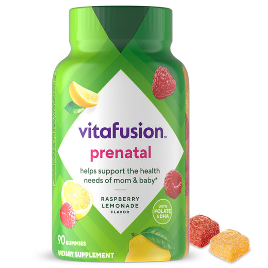 Vitafusion Prenatal Gummies botella-frambuesa-limonada, sabor natural para consumo diario.