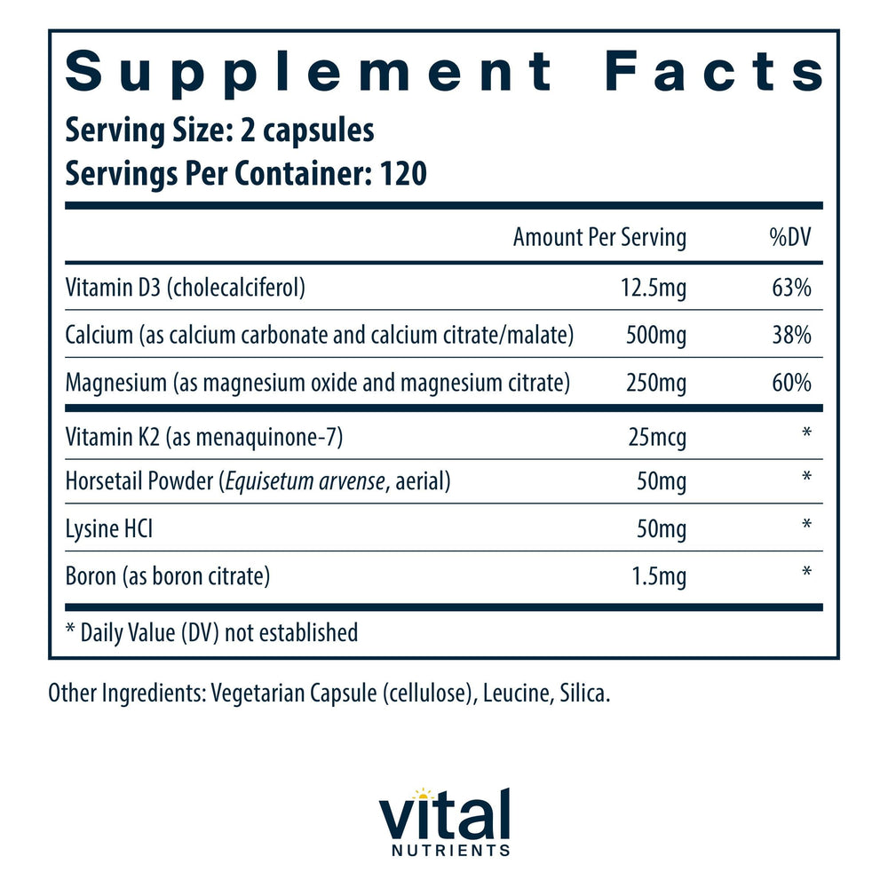 Vital Nutrients primer plano de la etiqueta con lista de ingredientes clave