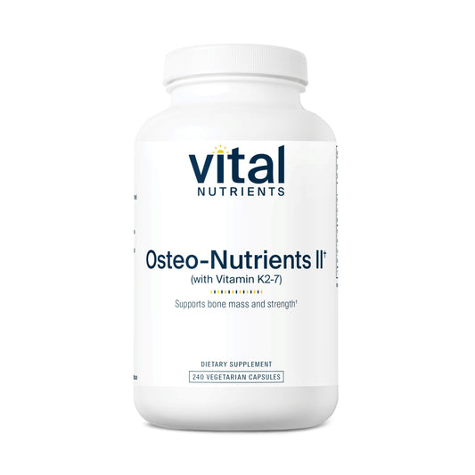 Vital Nutrients frasco frontal mostrando etiqueta y beneficios para huesos