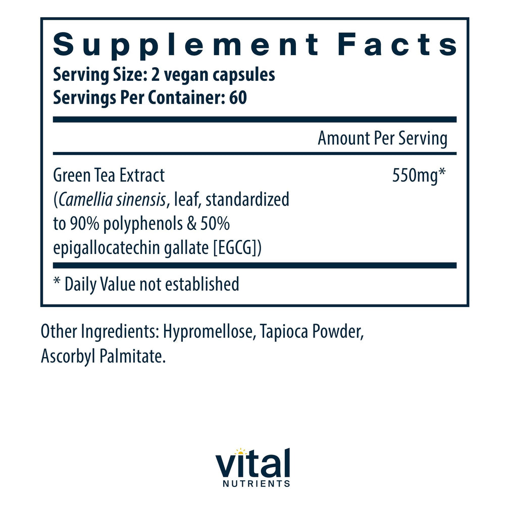 Vital Nutrients Green Tea Extract capsules close-up showing antioxidant benefits