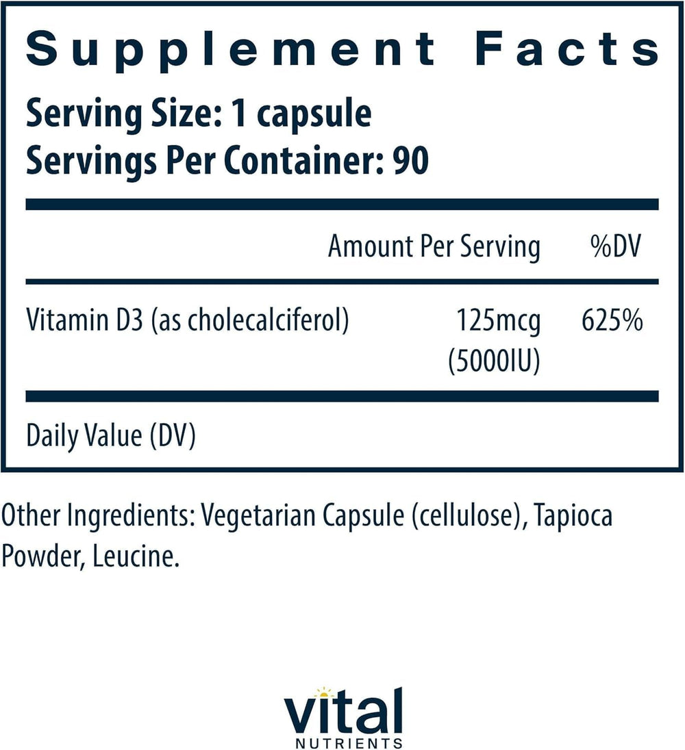 Vital Nutrients primer plano de cápsula D3 mostrando textura y tamaño