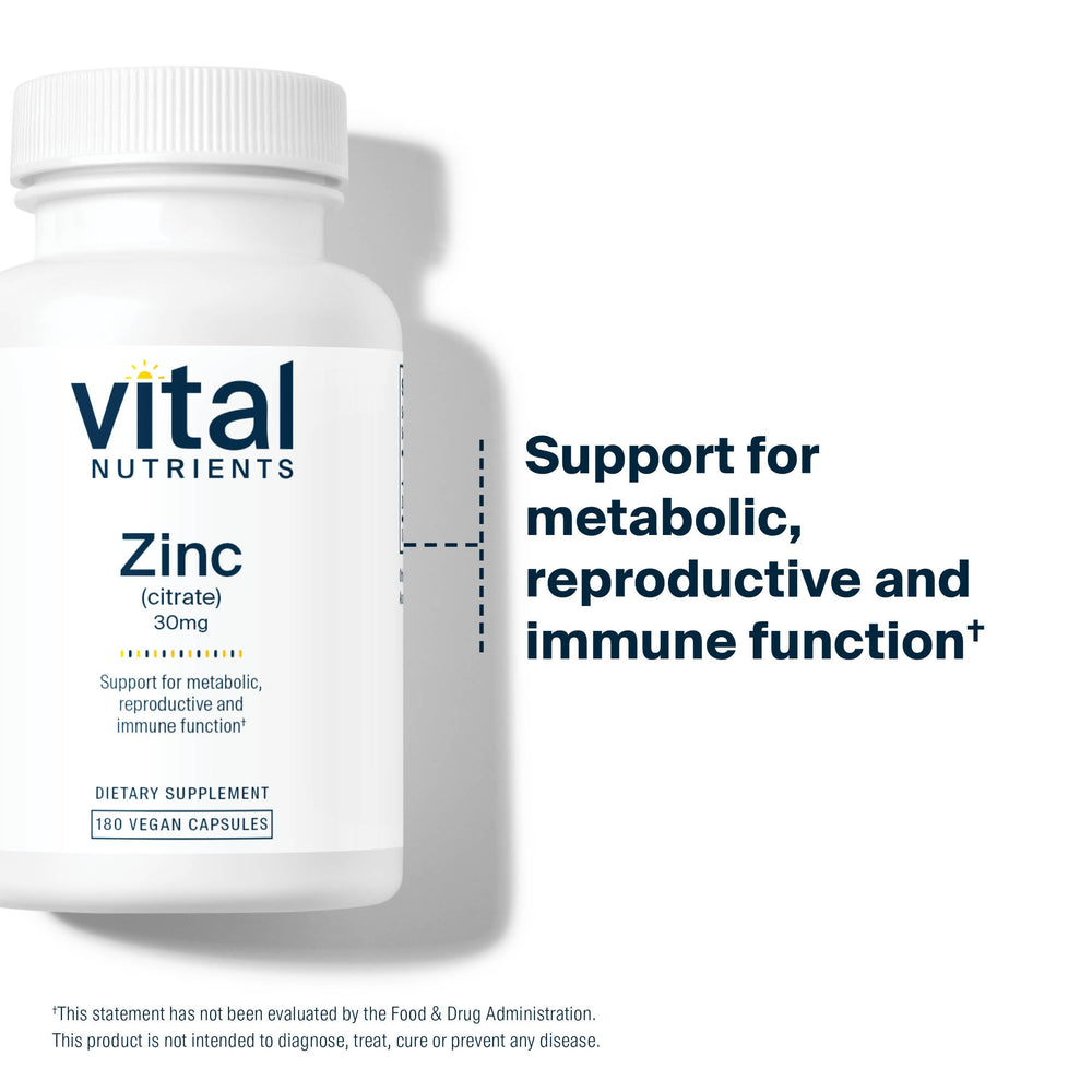 Vital Nutrients Zinc Citrate 30mg bottle with 90 capsules ready for daily routines.