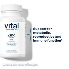Vital Nutrients Zinc Citrate 30mg bottle with 90 capsules ready for daily routines.