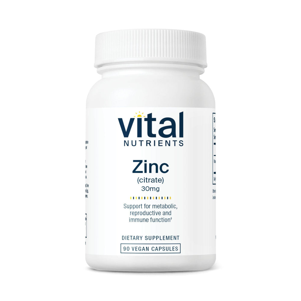 Vital Nutrients Zinc Citrate 30mg bottle emphasizes immune support and 90 capsules.