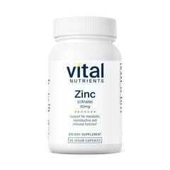 Vital Nutrients Zinc Citrate 30mg bottle emphasizes immune support and 90 capsules.