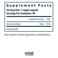 Close-up of the cap on Vital Nutrients Zinc Citrate 30mg bottle highlights vegan formula.