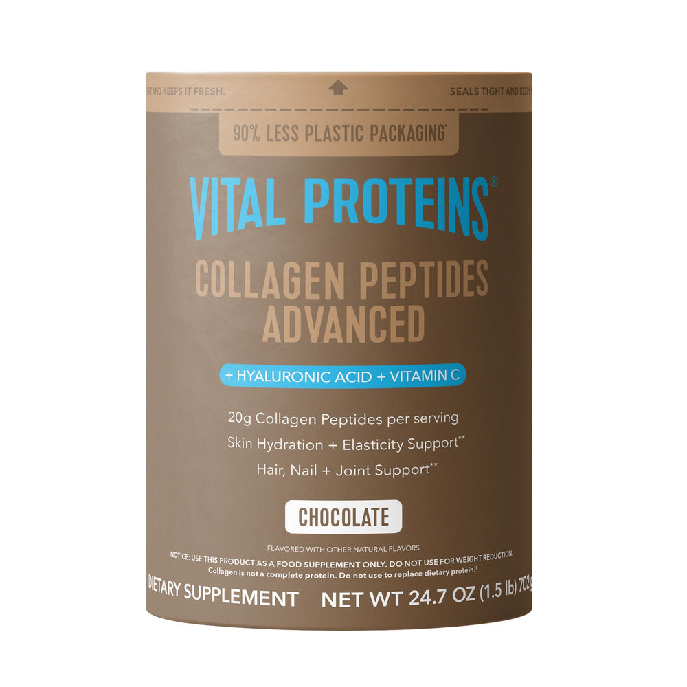 Vital Proteins envase frontal chocolate mostrando diseño y beneficio práctico