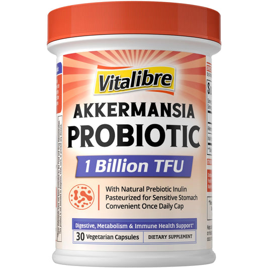 Vitalibre Akkermansia muciniphila, etiqueta de la botella, apoyo a la salud intestinal.