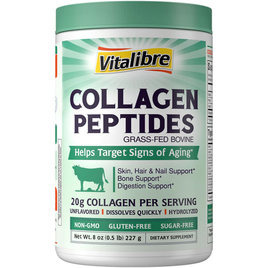 Vitalibre Bovine Collagen Powder unflavored blends into beverages for a neutral protein boost.