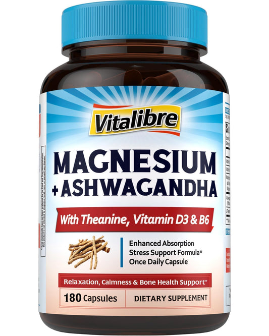 Frasco de Vitalibre complejo de magnesio con ashwagandha y L-teanina para relajación diaria.