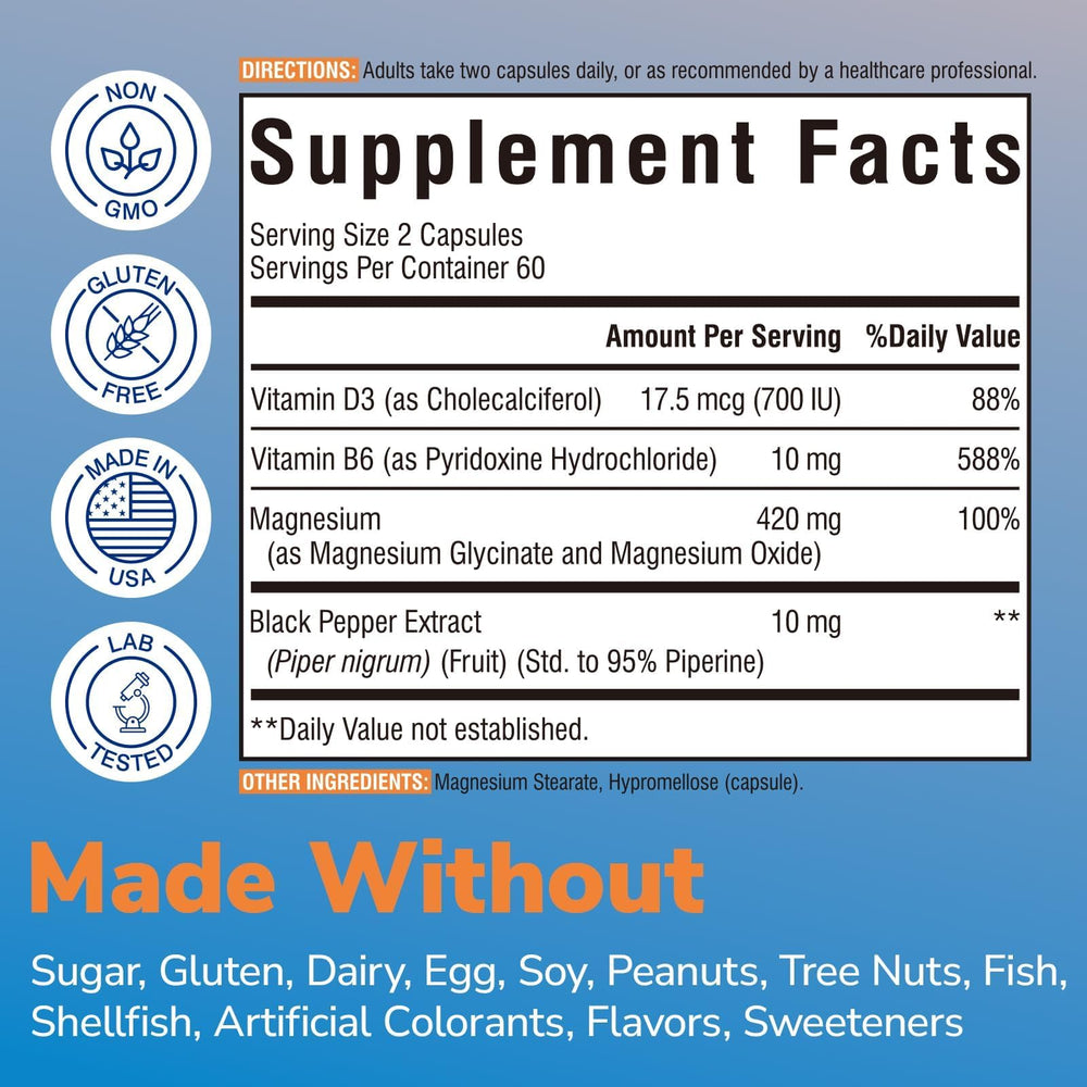 Vitalibre magnesio glicinato 420 mg: etiqueta que destaca D3 y B6 para bienestar