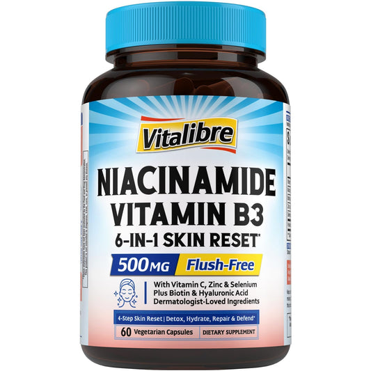Vitalibre Niacinamida 500 mg: botella de cápsulas para piel saludable.