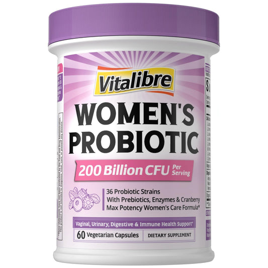 Vitalibre Probiotics para mujeres: botella con 200 mil millones de cultivos para equilibrio digestivo.
